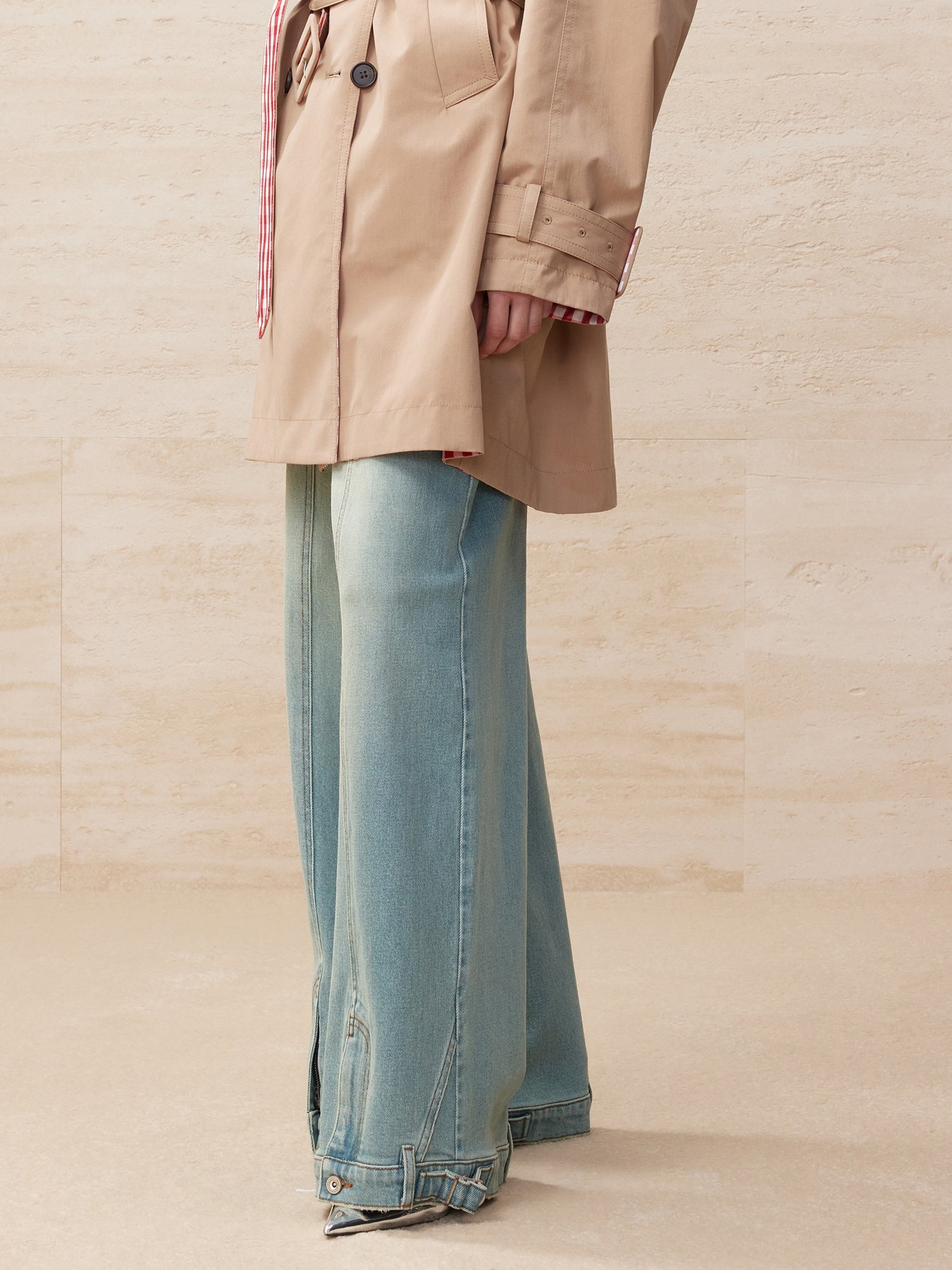 Deconstructed washed wide leg jeans