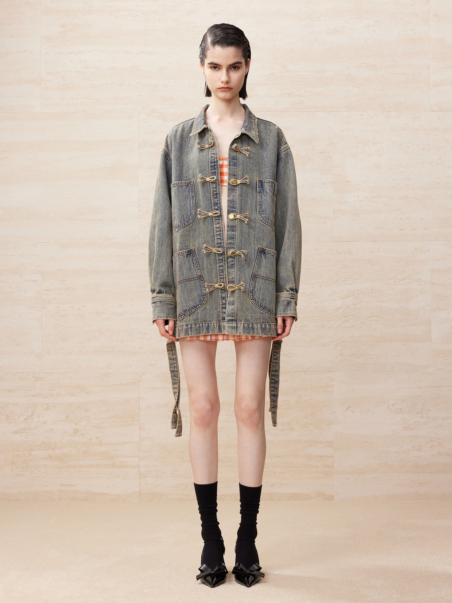 Chinese button knot vintage denim jacket