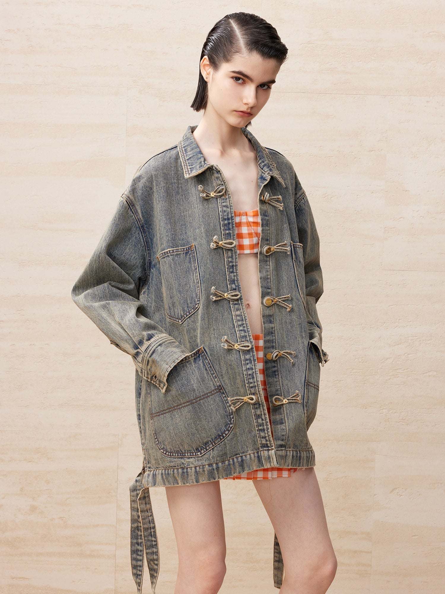 Chinese button knot vintage denim jacket