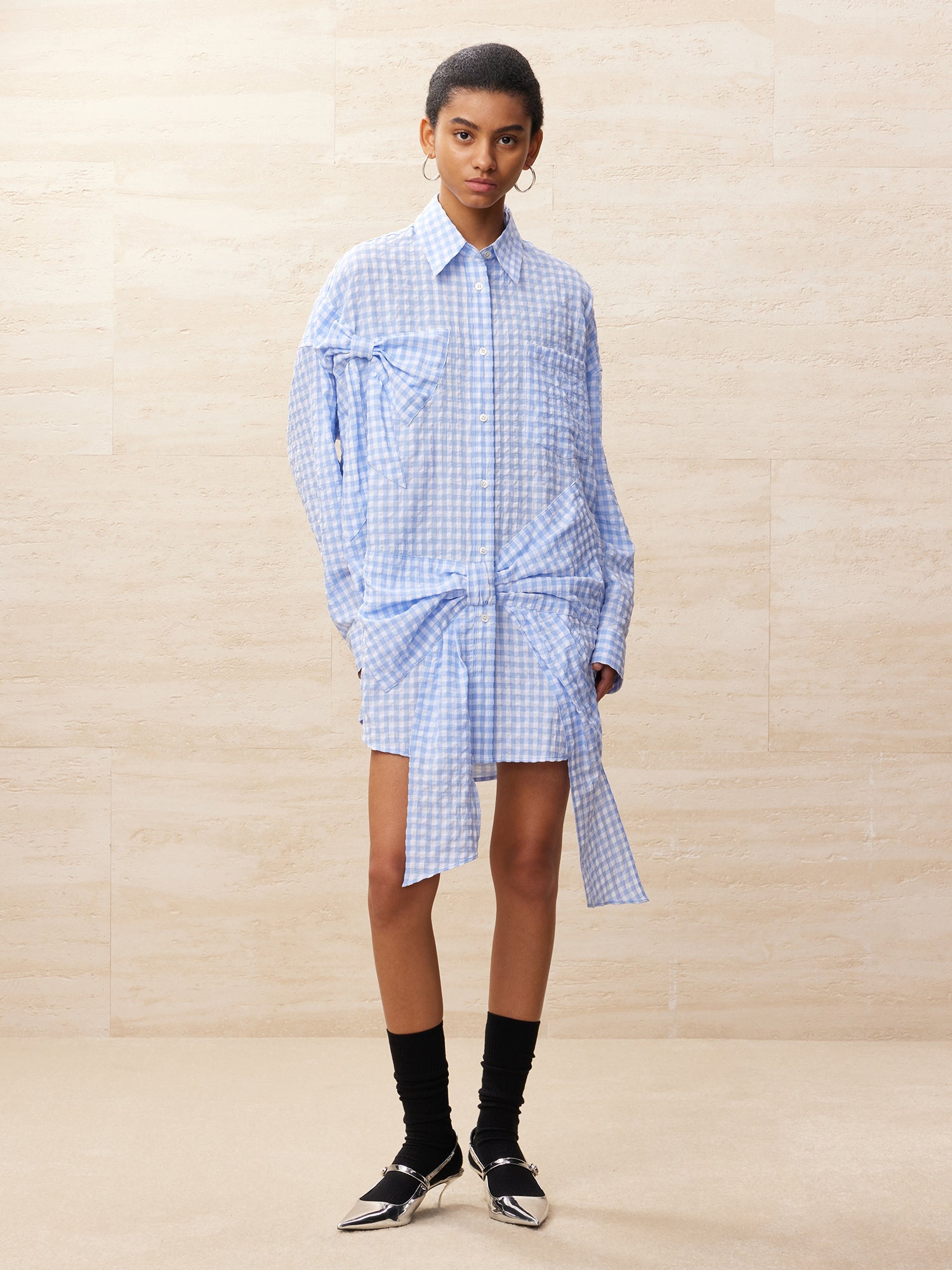 Vichy plaid bowknot shirt